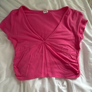 Garage Pink Ruched Cap Sleeve Crop Blouse
